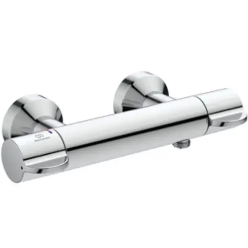 Thermostat von Ideal Standard mit zwei Griffen zur Temperatureinstellung und zwei Anschlussrosetten, montiert an einer Wand, in glänzendem Chrom-Finish.